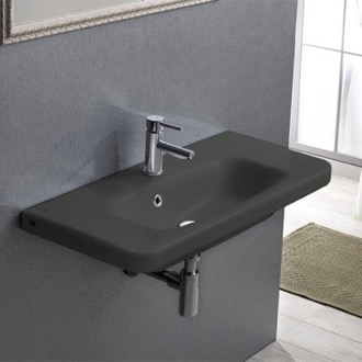 Bathroom Sink Rectangle Matte Black Ceramic Wall Mounted Sink or Drop In Sink CeraStyle 033309-U-97
